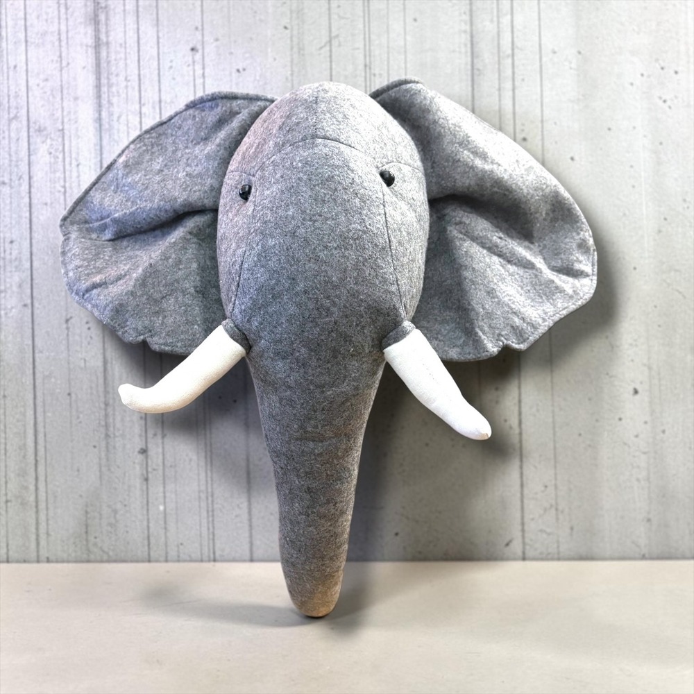 Grey Felt Elephant Head Wall Mount Plush Safari Nursery Decor Large
